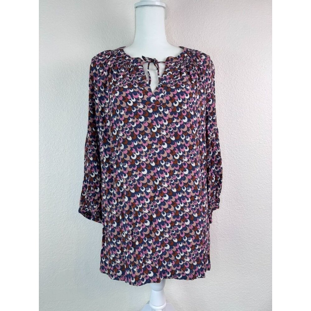 Boden Navy Multicolor Crescent-Print Tie-Neck Blouse